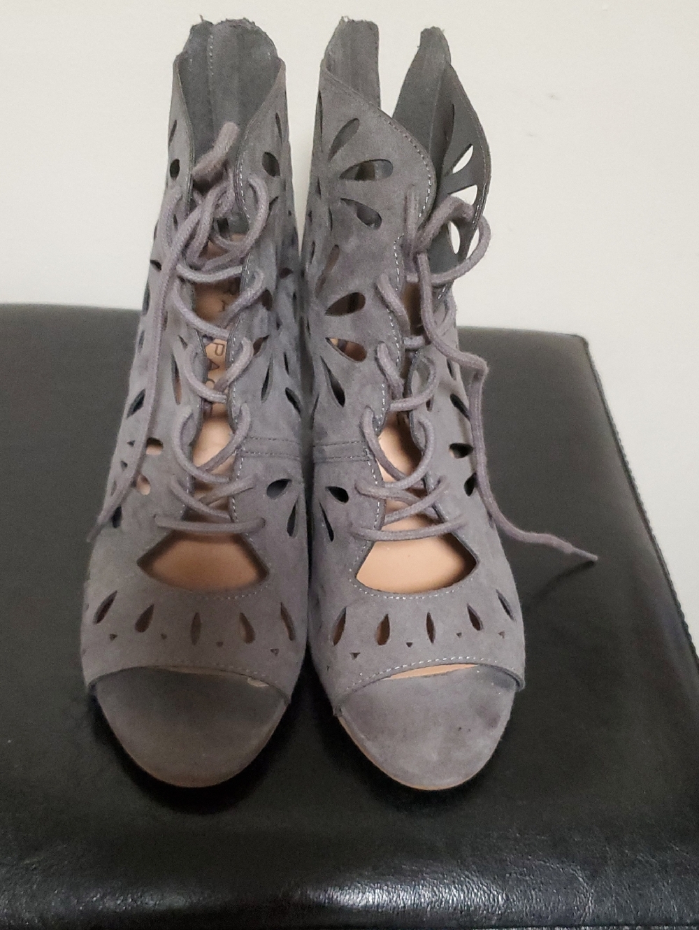 Rampage Gray Lace-Up Cutout Peep-Toe Heels
